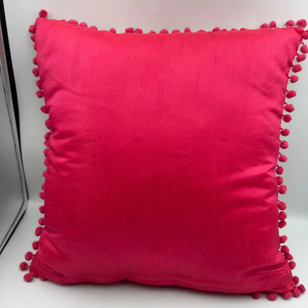 Set of 2 Embroidered Peacock Floral Throw Pillows Pink Pom Pom Trim 16x16 Boho